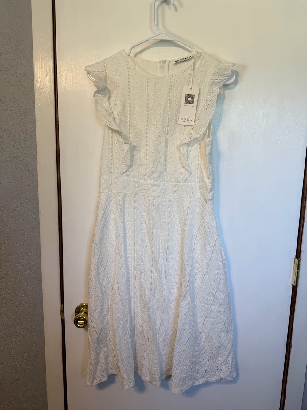 White Eyelet Midi Dress with Ruffle Shoulders